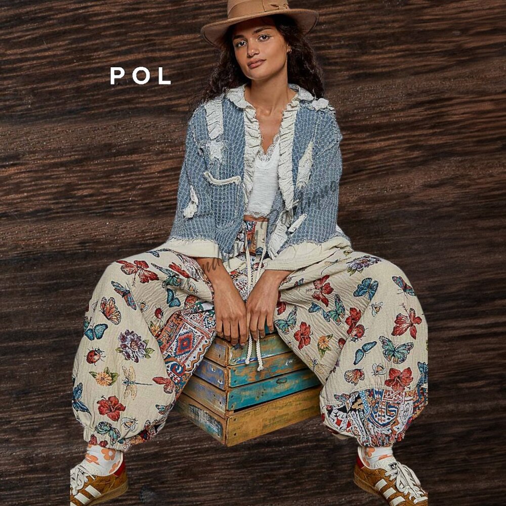 POL Hippie Bohemian Ruffles Denim Stars & Moon Patches Denim Jean Jacket - Picture 6 of 13